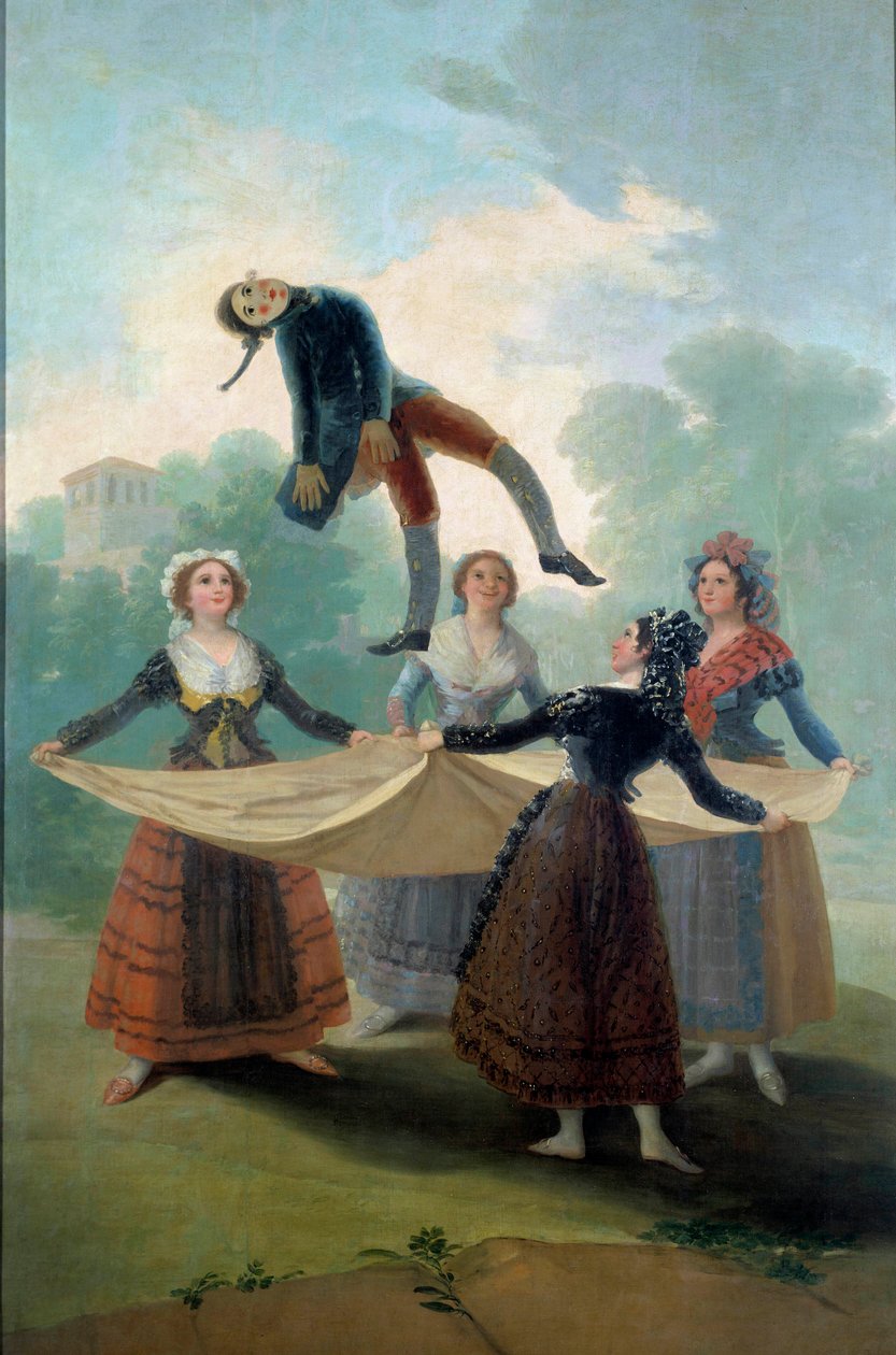 Unge kvinner dukke kaster opp i luften med en klut en filledukke. Maleri av Francisco de Goya (1746-1828) 1792, søn. 1,6x2,67 m Madrid, Musee du Prado - The Puppet. Unge jenter kaster opp en filledukke med et laken. Maleri av Francisco de Goya (1746-1828 av Francisco de Goya