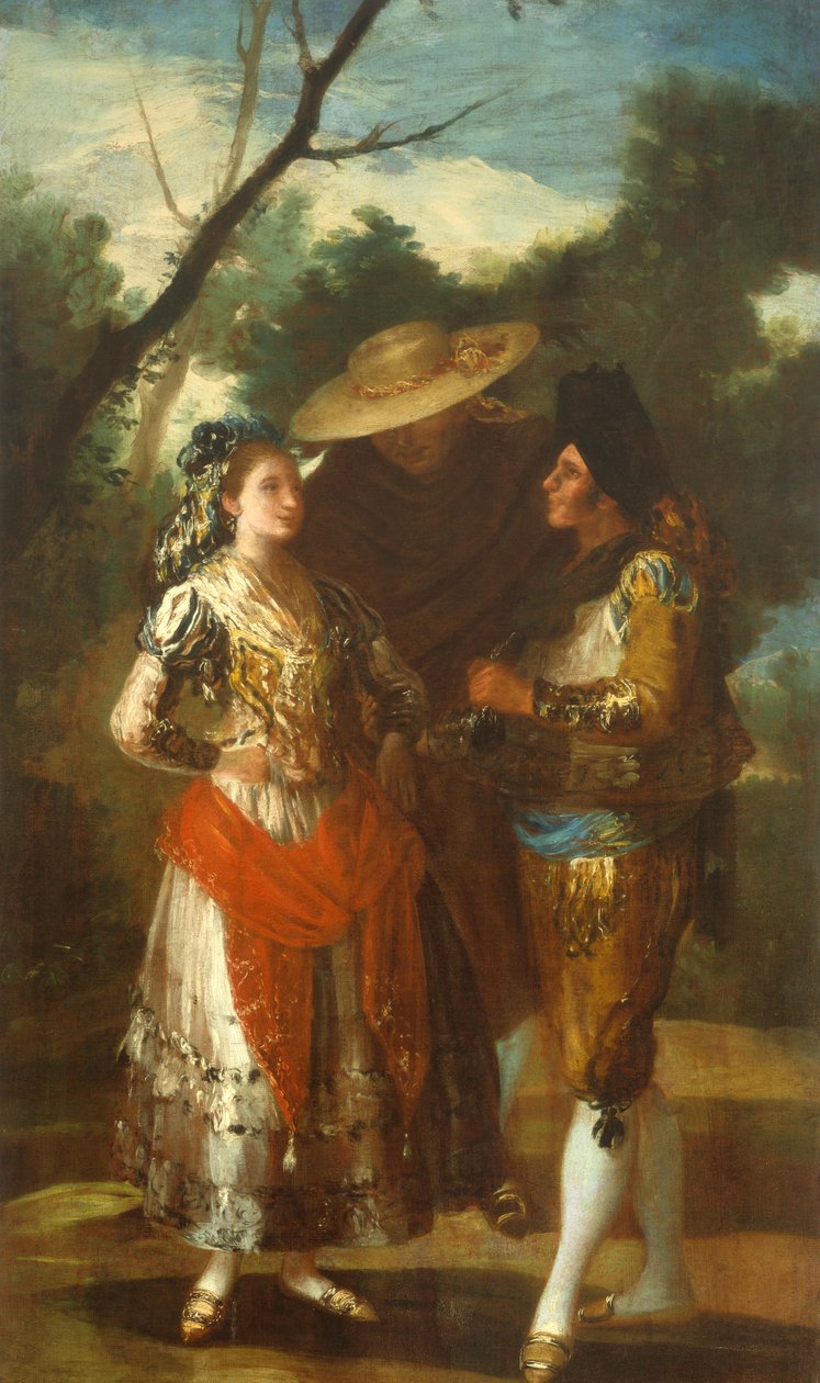 En Maja med to Toreros, 1779-1780 av Francisco Jose de follower of Goya y Lucientes