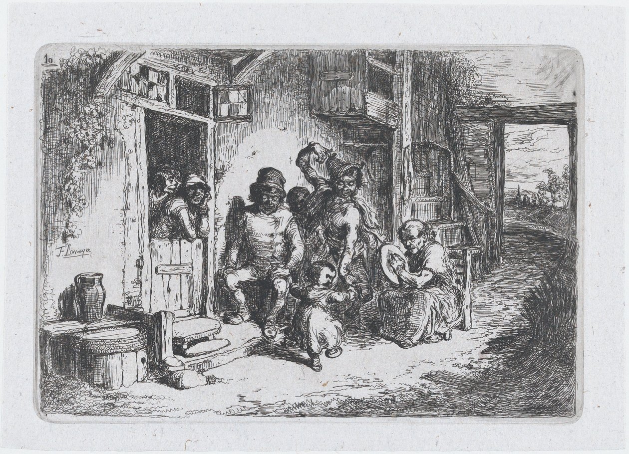 Plate 10: to figurer som danser, en annen sittende og spiller tromme, fra tollserien ..., 1850. av Francisco Lameyer Berenguer