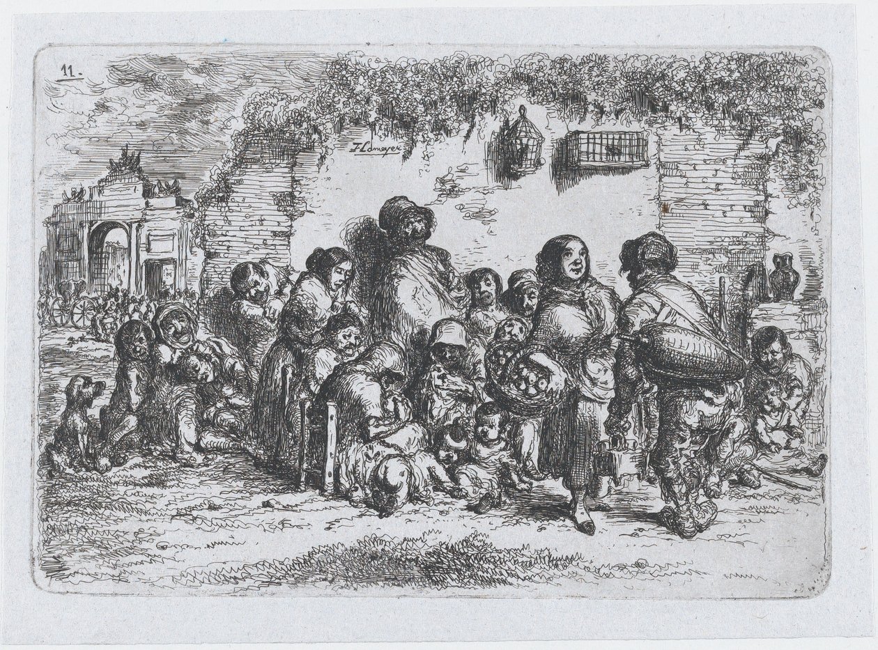 Plate 11: en gruppe mennesker utendørs, fra serien av skikker og tidsfordriv fra Spania..., 1850. av Francisco Lameyer Berenguer