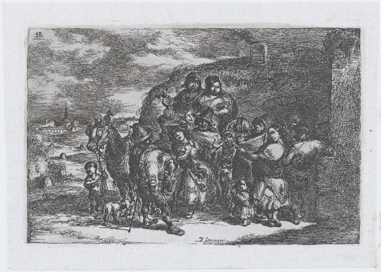 Plate 13: en gruppe mennesker utendørs inkludert muligens musikere, fra serien av cust..., 1850. av Francisco Lameyer Berenguer