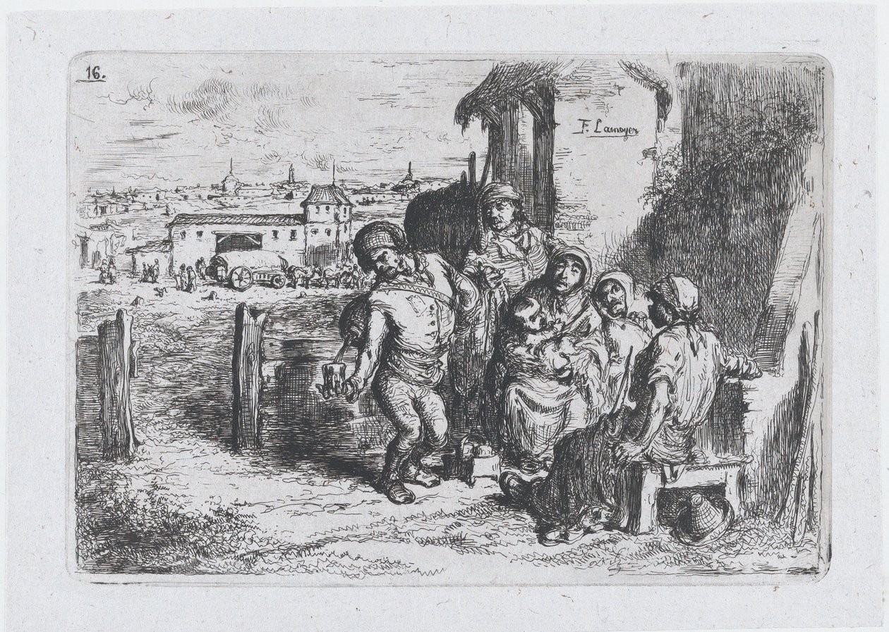 Plate 16: en gruppe mennesker utendørs, inkludert en mann som skjenker vin eller vann fra et kar ..., 1850. av Francisco Lameyer Berenguer