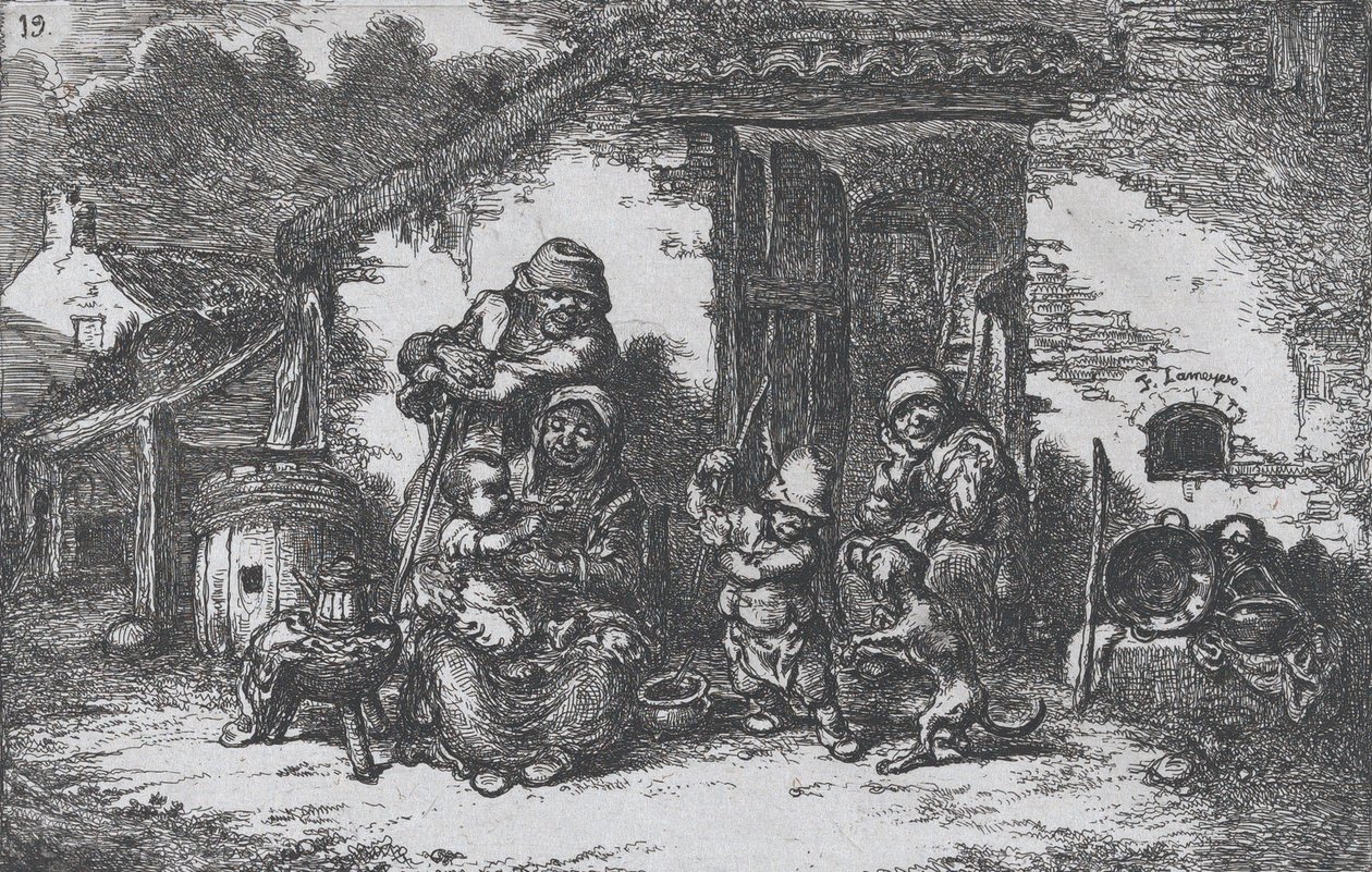 Plate 19: en familie og en gutt som leker med en hund utenfor et hus, fra serien av custom..., 1850. av Francisco Lameyer Berenguer
