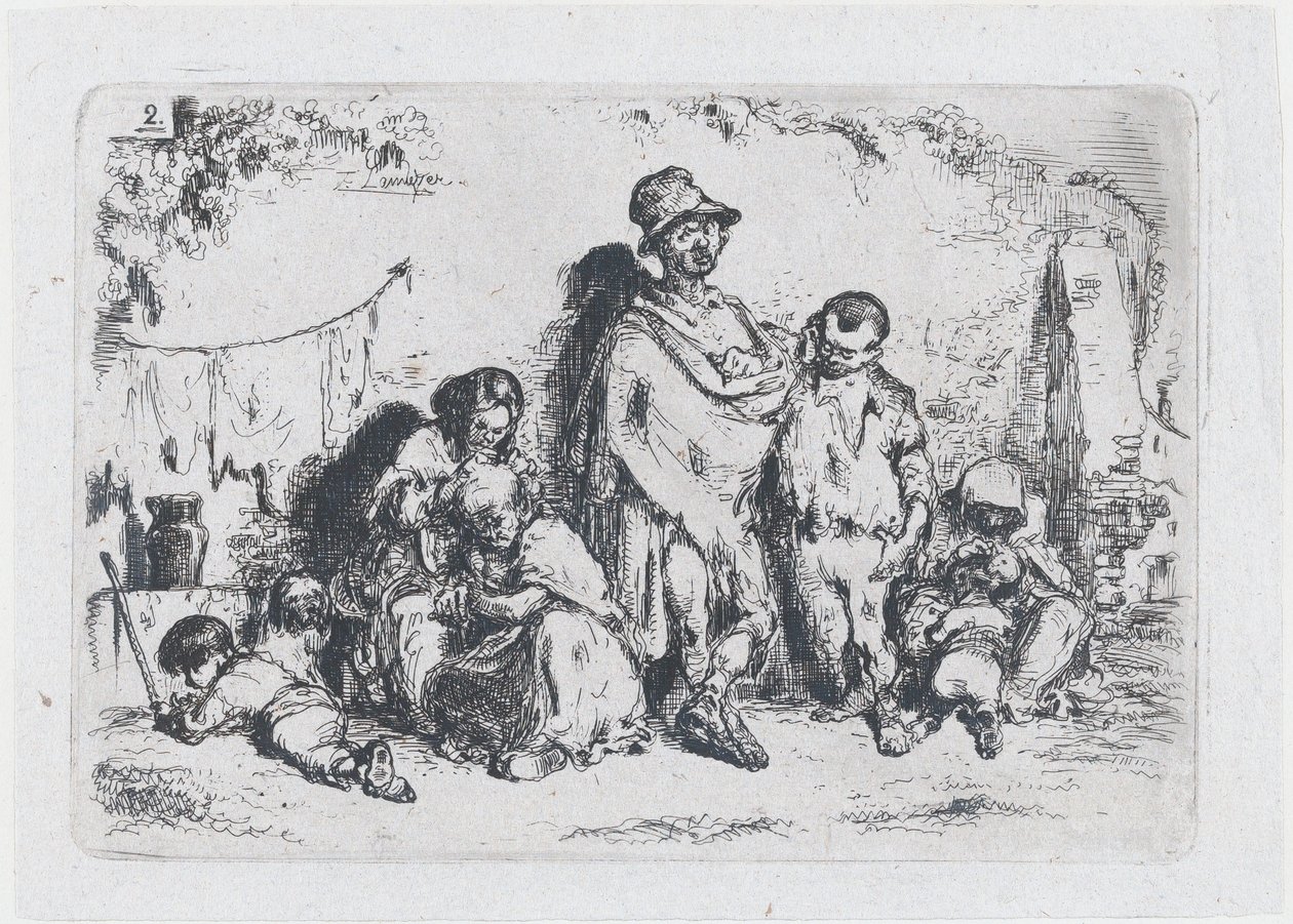 Plate 2: en gruppe mennesker på gaten, muligens tiggere, fra serien av toll og..., 1850. av Francisco Lameyer Berenguer