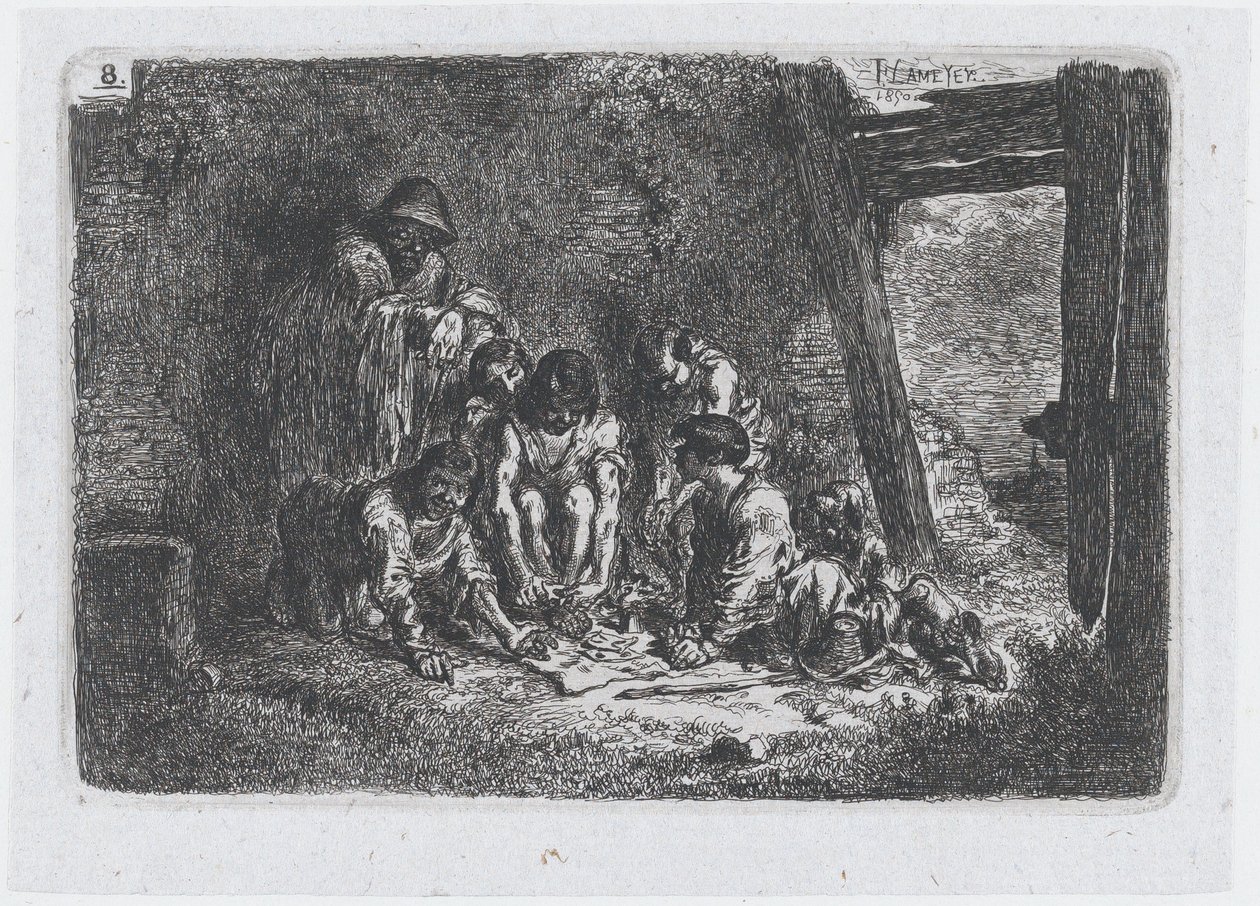 Plate 8: en gruppe figurer hvorav noen spiller et spill, fra serien av toll og..., 1850. av Francisco Lameyer Berenguer