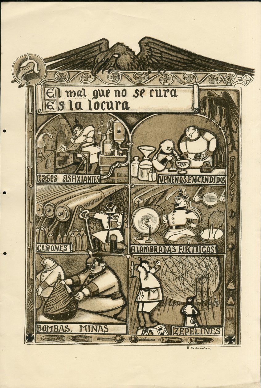 Illustrasjon av Francisco Sancha Lengo (1874-1936) - Flyvende blad, ca. 1915 - Det onde som ikke kan kureres er galskap - Krigen 14 -18, Tyskland Preussen, Asphixiant gass, spansk språk, utenlandsk presse av Francisco Sancha y Lengo