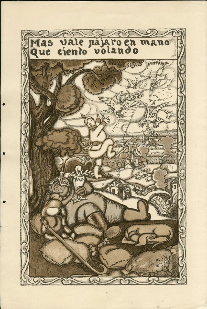 Illustrasjon av Francisco Sancha Lengo (1874-1936) - Flyvende blad, ca. 1915 - Mas vale pajaro en mano que ciento volando - 14-18-krigen, Tyskland Preussen, krigerister og symboler, seier, fred, spansk språk, utenlandsk presse av Francisco Sancha y Lengo