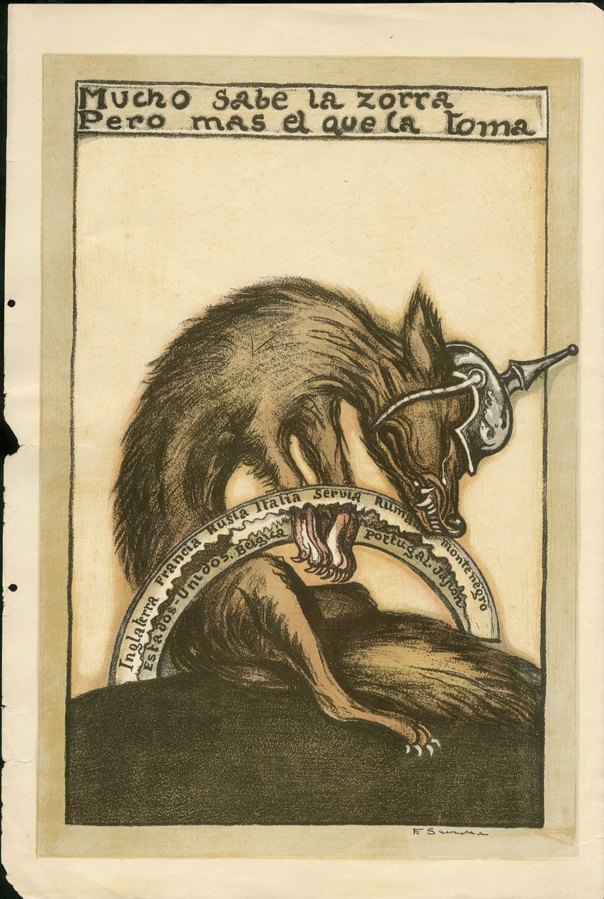 Illustrasjon av Francisco Sancha Lengo (1874-1936) - Flyvende blad, ca. 1915 - Mucho sabe la zorra pero mal el que la toma - 14-18-krigen, Tyskland Preussen, krigerister og symboler, allierte, spansk språk, utenlandsk presse - rev -, obstruksjon, animasjon av Francisco Sancha y Lengo