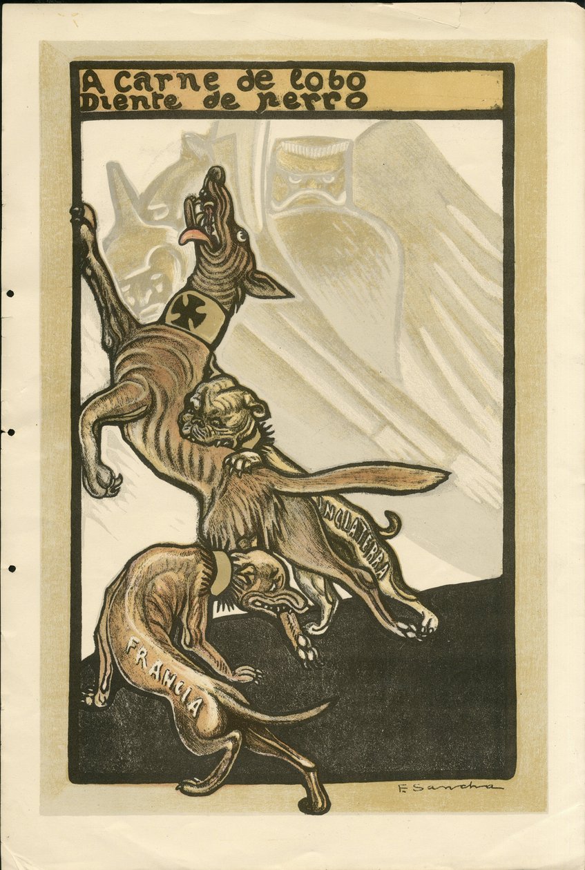 Illustrasjon av Francisco Sancha Lengo (1874-1936) - Flyvende blad, ca. 1915 - A carne de lobo diente de perro - War of 14 -18, Tyskland Preussen, England Storbritannia, krigerister og symboler, Frankrike, spansk språk, utenlandsk presse - Vilhelm II, Hund av Francisco Sancha y Lengo
