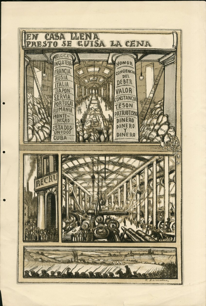 Illustrasjon av Francisco Sancha Lengo (1874-1936) - Flyvende blad, ca. 1915 - En casa llena presto se guisa la cena - 14. -18. krig, kanoner, skjell, industrifabrikker, spansk språk, mobilisering, utenlandsk presse av Francisco Sancha y Lengo