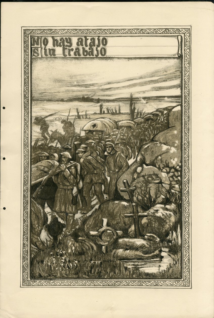 Illustrasjon av Francisco Sancha Lengo (1874-1936) - Flyvende blad, ca. 1915 - No hay atajo sin trabajo - War of 14 -18, Tranchees, Spanish Language, Foreign Press - Prisoners av Francisco Sancha y Lengo