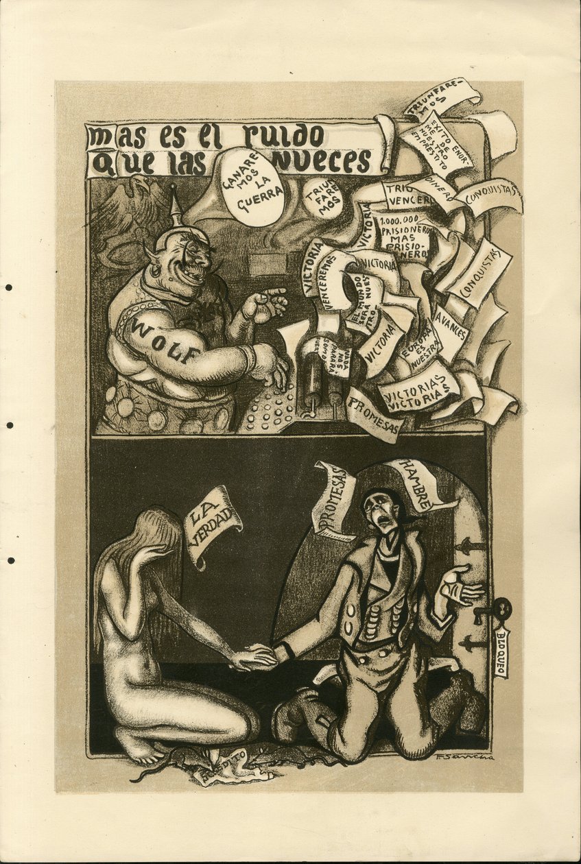 Illustrasjon av Francisco Sancha Lengo (1874-1936) - Flyvende blad, ca. 1915 - War of 14 -18, Wolff Agency, spansk språk, utenlandsk presse av Francisco Sancha y Lengo