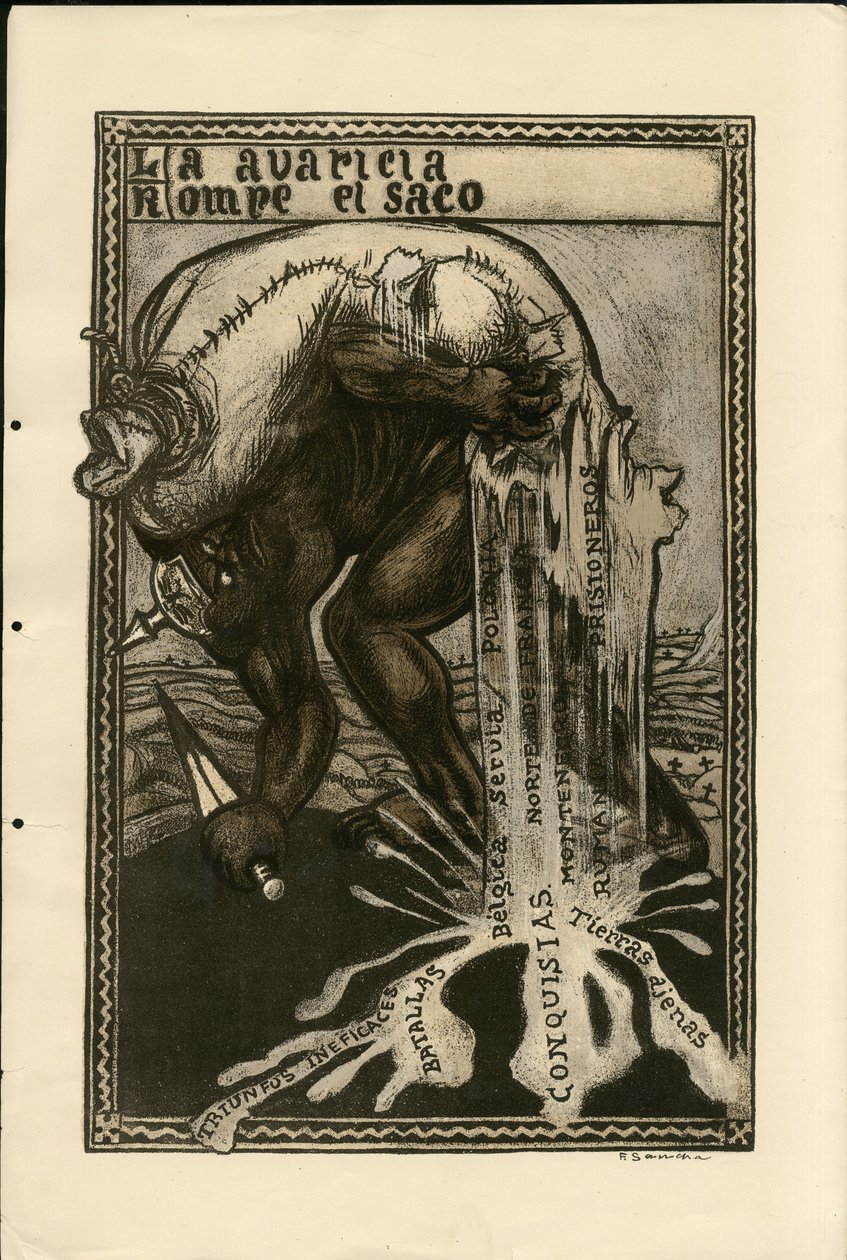 Illustrasjon av Francisco Sancha Lengo (1874-1936) - Flyvende blad, ca. 1915 - 14. -18. krigen, Tyskland Preussen, Sølv, krigerske og symboler, Spansk språk, Utenlandsk presse av Francisco Sancha y Lengo
