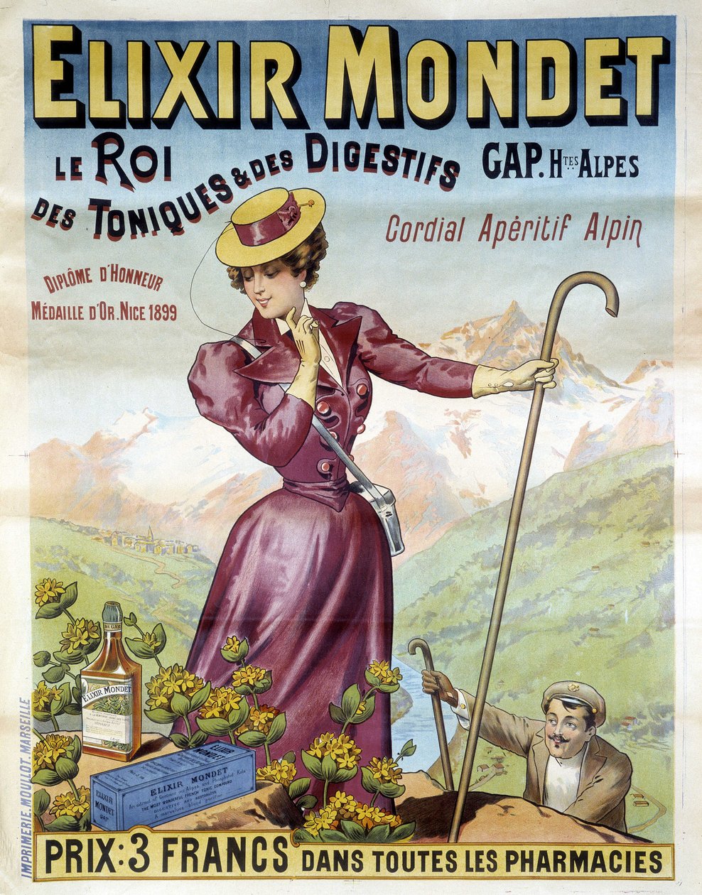 Reklameplakat fra 1900 for Elixir Mondet "" kongen av styrkende og fordøyelsesmidler, hjertelig aperitiff alpint"". av Francisco Tamagno