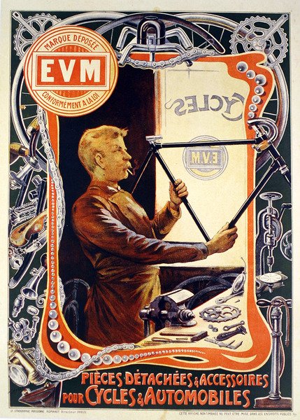 Plakatannonsering E.V.M. sykkeltilbehør (farge litho) av Francisco Tamagno