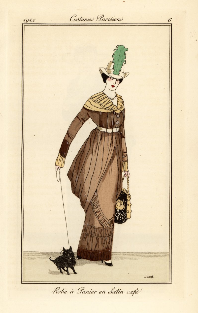 Kvinne i kurvkjole i kaffefarget sateng med hund, etsning fra Tommaso Antonginis Journal des Dames et des Modes, Aux Bureaux du Journal des Dames, Paris av Francesc Xavier Gosé