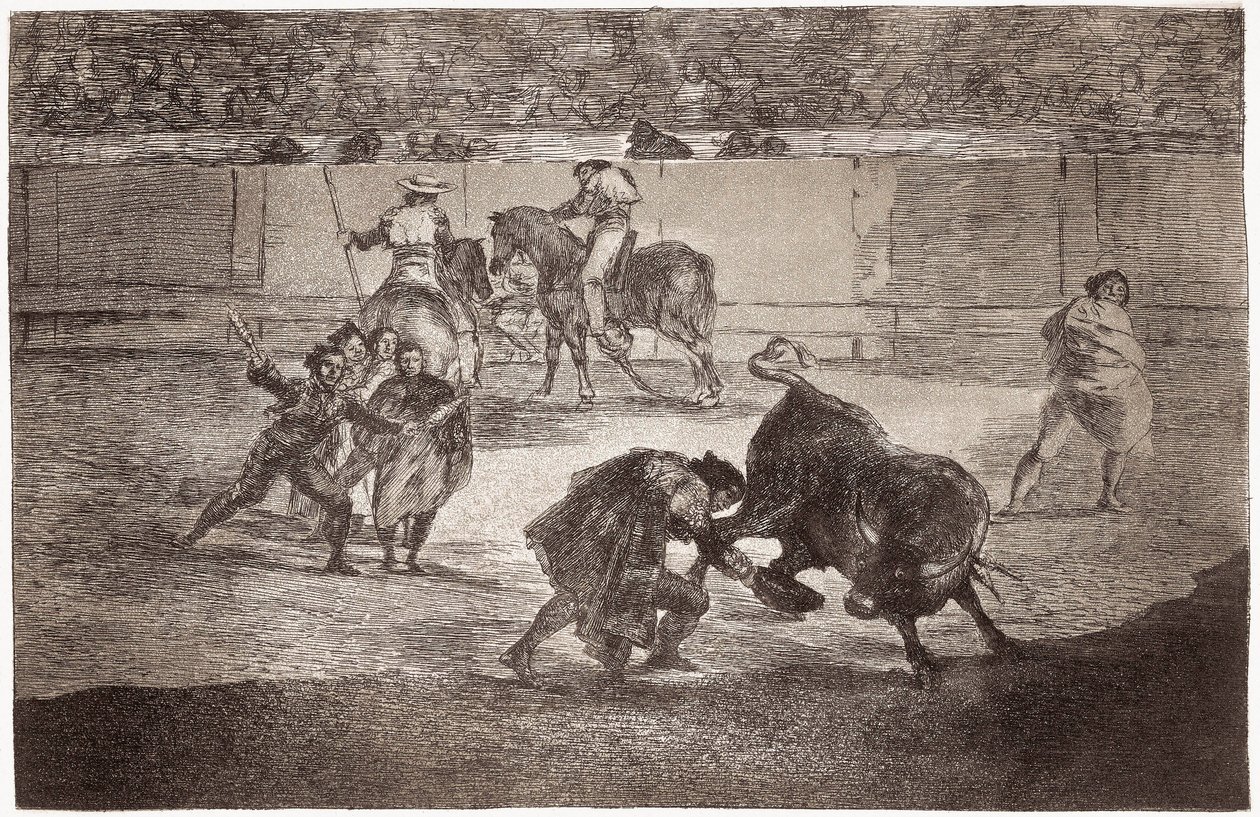 Tyrefekting: en tyrefekter går inn på arenaen for å drepe oksen med en hatt i stedet for multe av Francisco de Goya