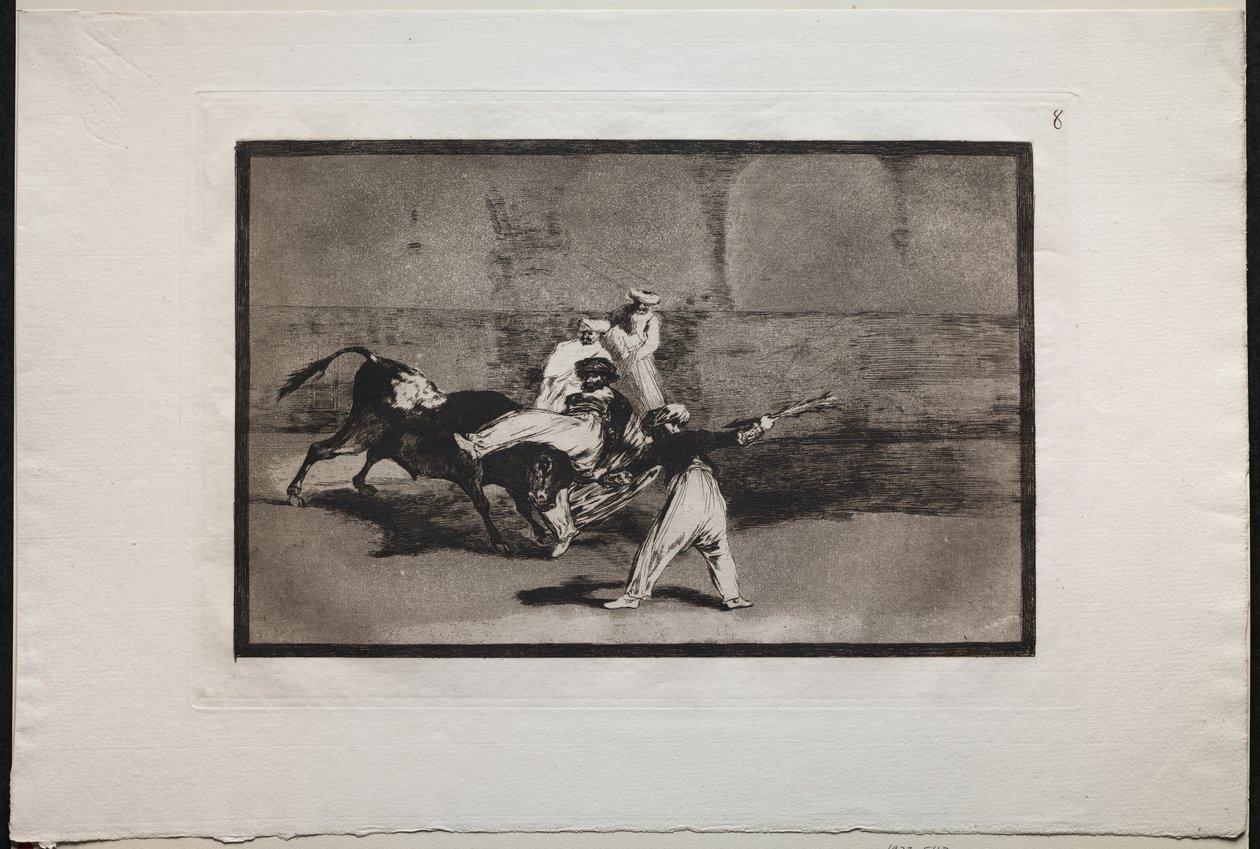 Tyrekamp: En maur fanget av en okse i ringen av Francisco de Goya