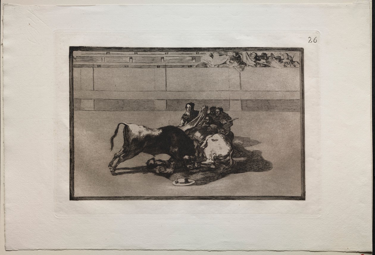 Bullfights: A Picador is Unhorsed and Falls Under the Bull, 1876. av Francisco de Goya