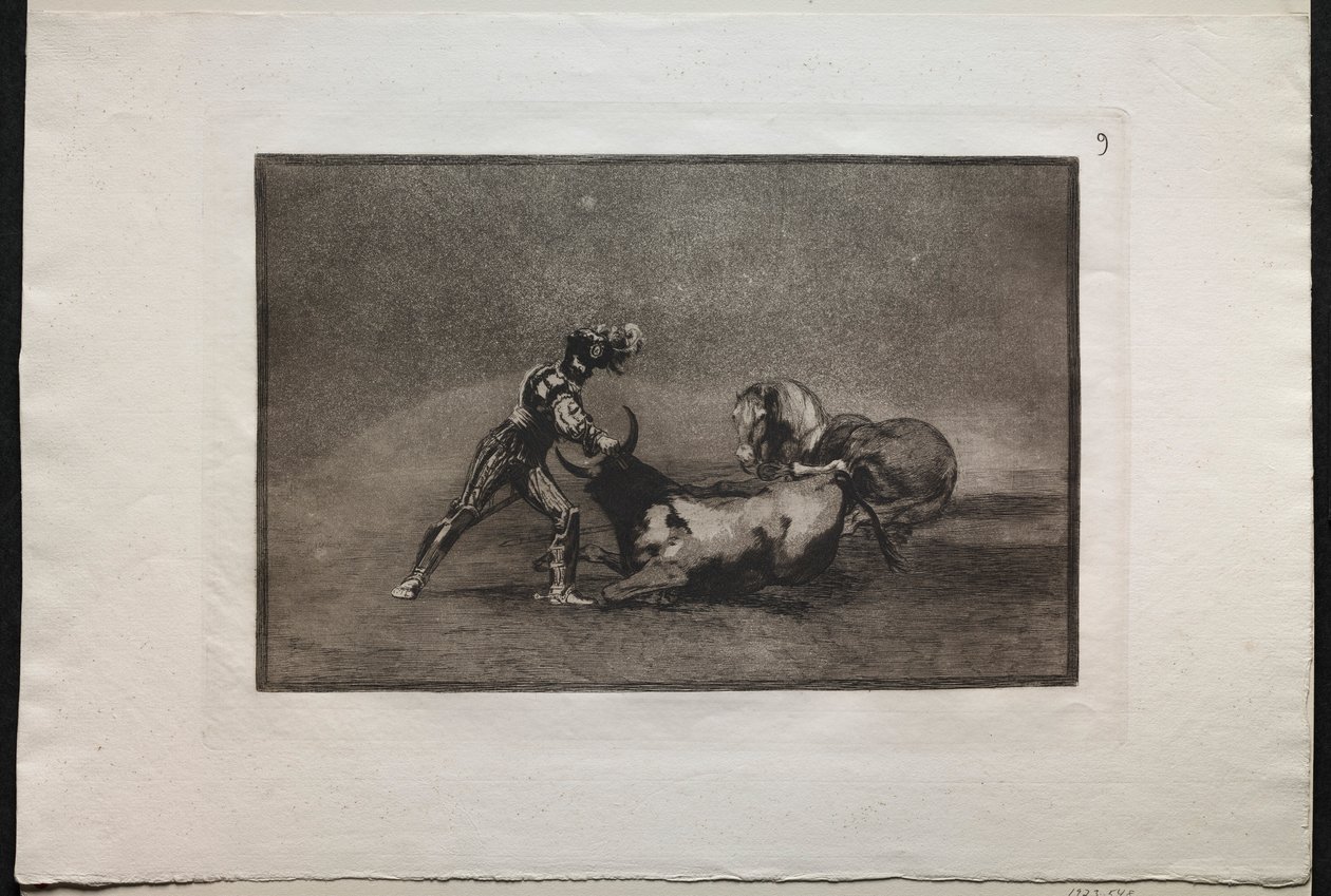 Tyrekamp: En spansk ridder dreper oksen etter å ha mistet hesten sin, 1876. av Francisco de Goya