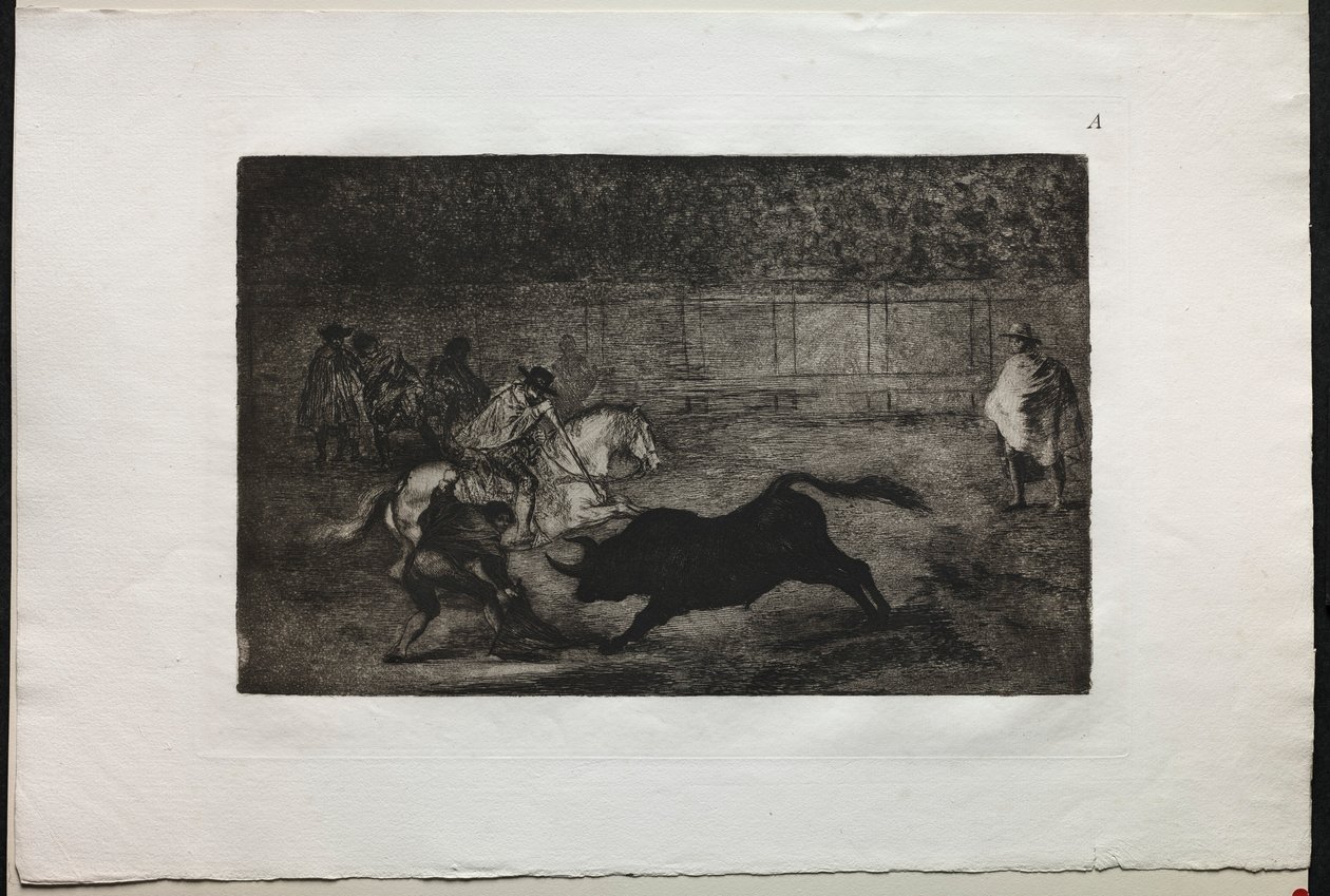 Tyrekamp: En spansk ridder som bryter korte spyd med hjelp av assistenter, 1876. av Francisco de Goya