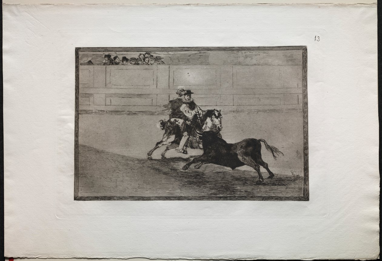 Tyrekamp: En spansk ridder i ringen som bryter korte spyd uten hjelp..., 1876. av Francisco de Goya