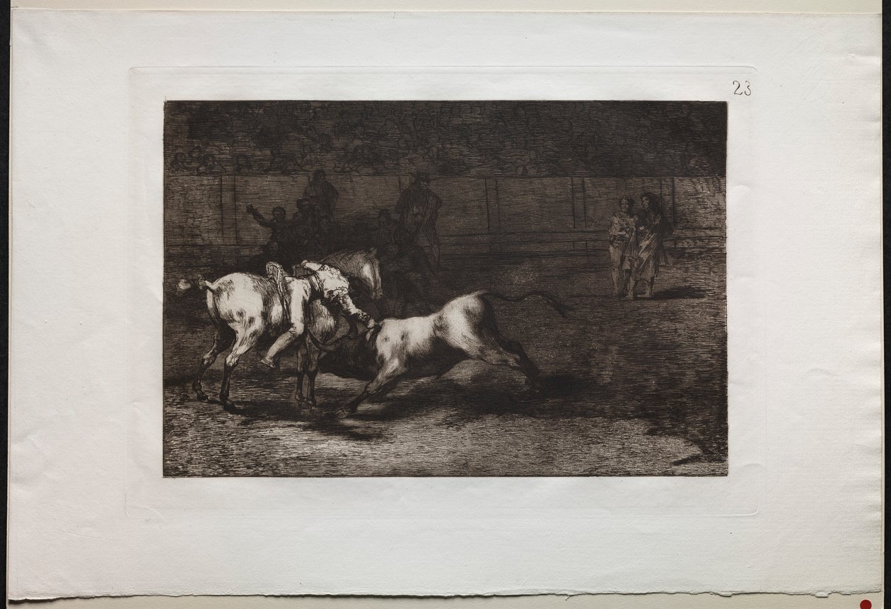 Tyrekamp: Mariano Ceballos, Alias the Indian, Kills the Bull From his Horse, 1876. av Francisco de Goya