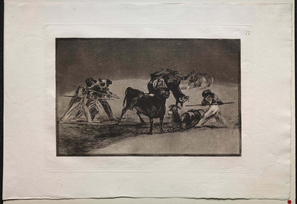 Tyrekamp: maurerne bruker esler som en barriere for å forsvare seg mot oksen..., 1876. av Francisco de Goya