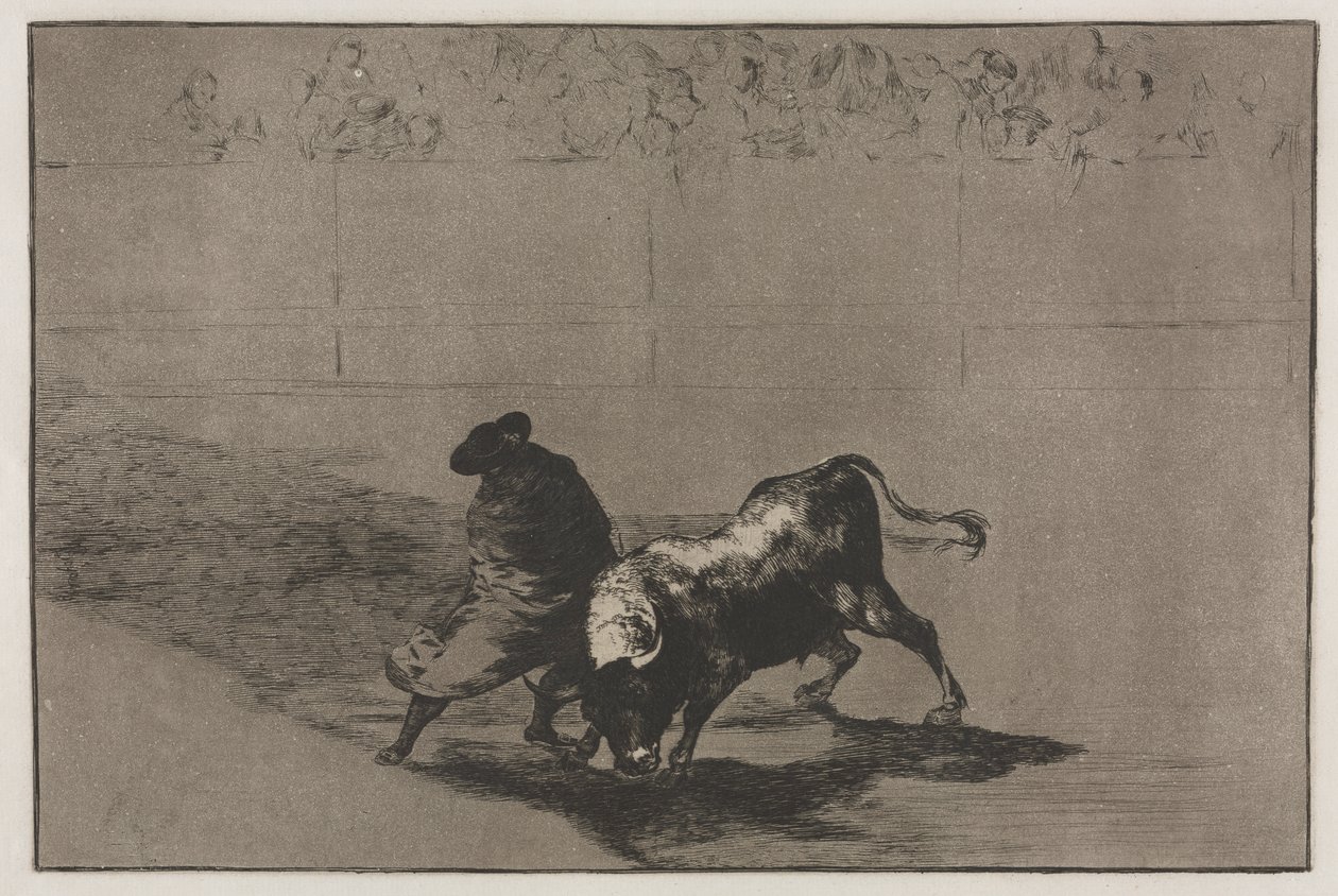 Bullfights: The Very Skilful Student of Falces, Wrapped in his Cape, Lurs the Bull with the Play of his Body av Francisco de Goya