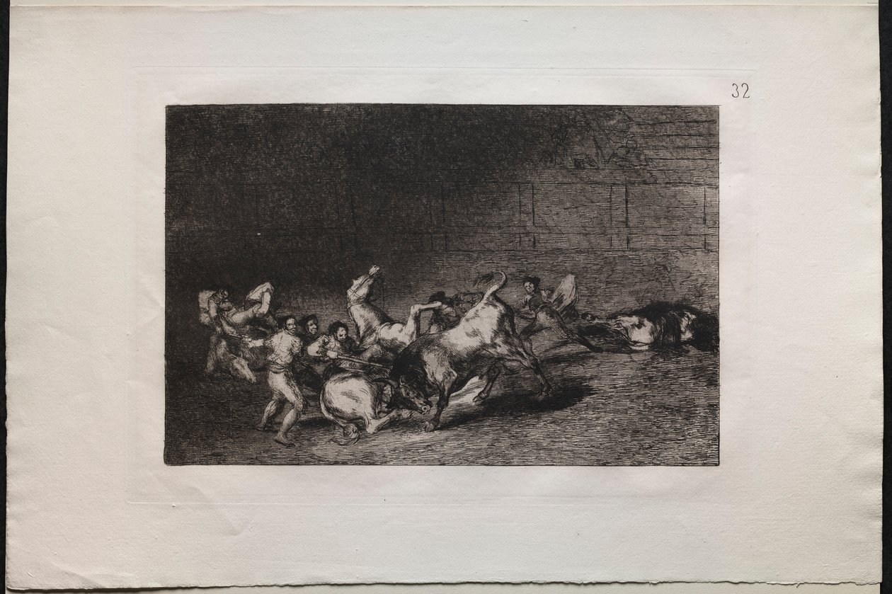 Tyrekamp: To lag med Picadorer kastet etter hverandre av en enkelt okse, 1876. av Francisco de Goya