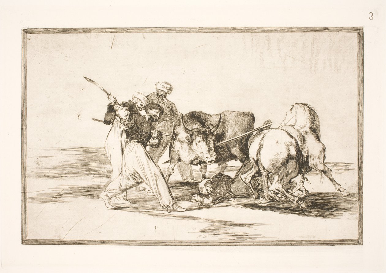 Maurerne, som slo seg ned i Spania og forlot overtroen til Koranen, skaffet seg denne kunsten å jakte og spiddet en okse på sletten av Francisco de Goya