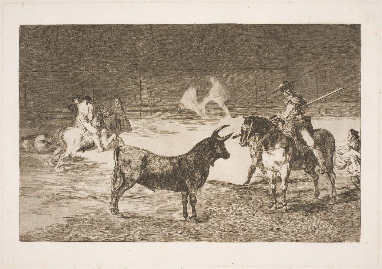 Den berømte picadoren, Fernando del Toro, provoserer olme-oksen med lansen sin av Francisco de Goya