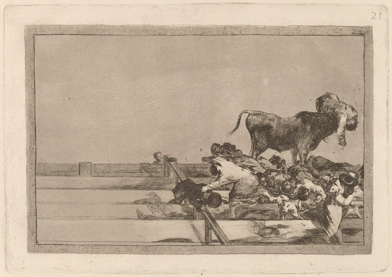 Skam som skjedde ved leggingen av Madrid-plassen og døden til borgermesteren i Tor rejon (Fryktelige hendelser i de fremste radene av ringen i Madrid og borgmesterens død i Torrejon) av Francisco de Goya