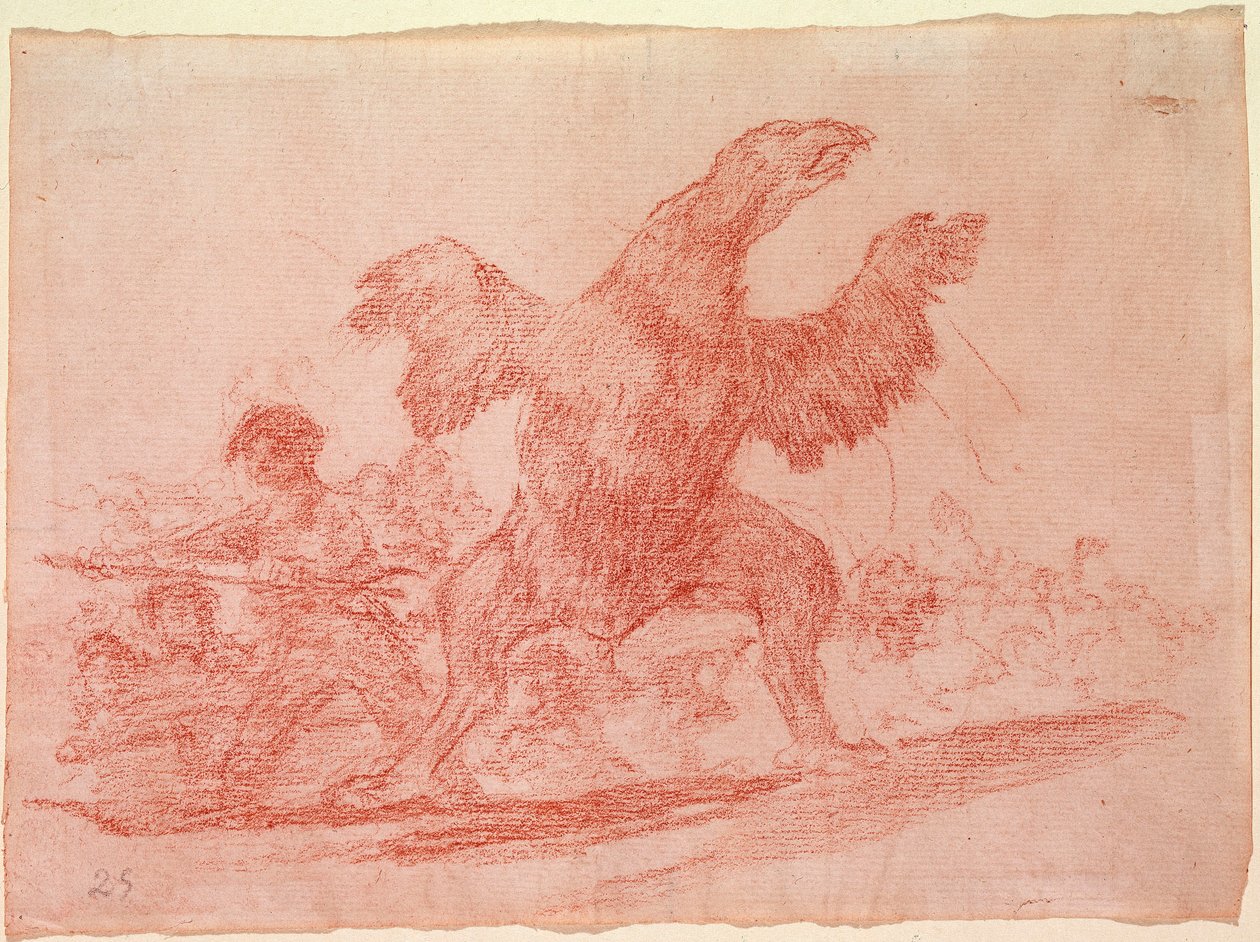 Destres of the war: "" Den kjøttetende gribben"" Representasjon av tilhengerne av monarkiet til Ferdinand VII av Spania som dyr. Forberedelsestegning med rød blyant for etsning n.76 av Francisco de Goya y Lucientes (1746-1828). 1810-1812. Madrid. Prad av Francisco de Goya