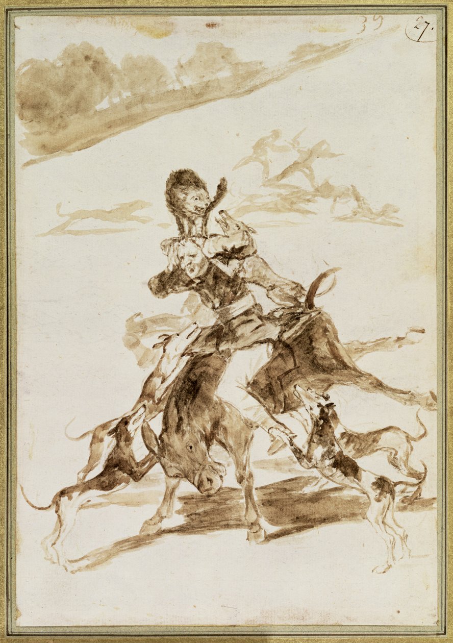 Hunder som angriper en mann på et muldyr (wc på papir) av Francisco de Goya