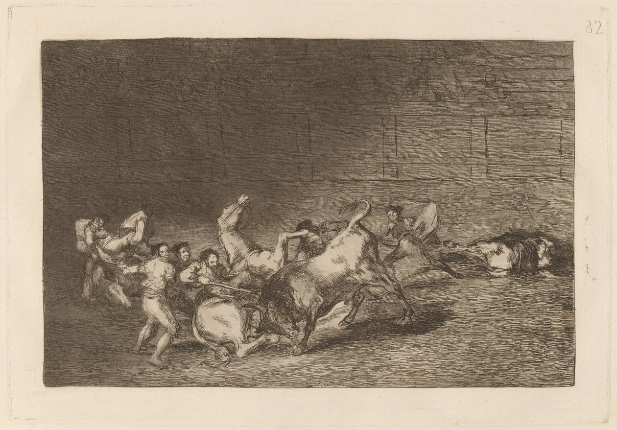 To lag med Picadorer kastet etter hverandre av en enkelt okse av Francisco de Goya