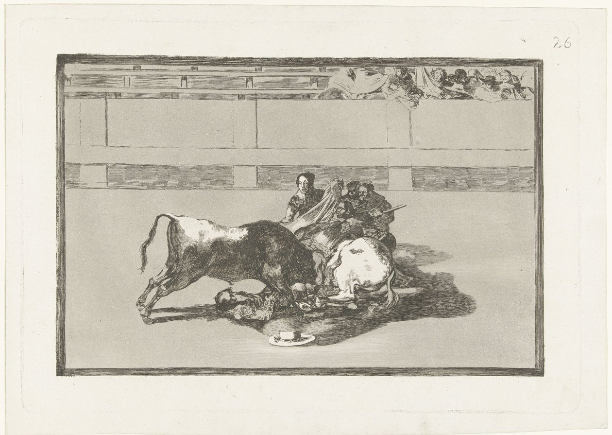 En picador har blitt slått av hesten sin og ligger under oksen Caida de un picador de su caballo debajo del toro La Tauromaquia (serietittel) Tyrefekting (serietittel) av Francisco de Goya