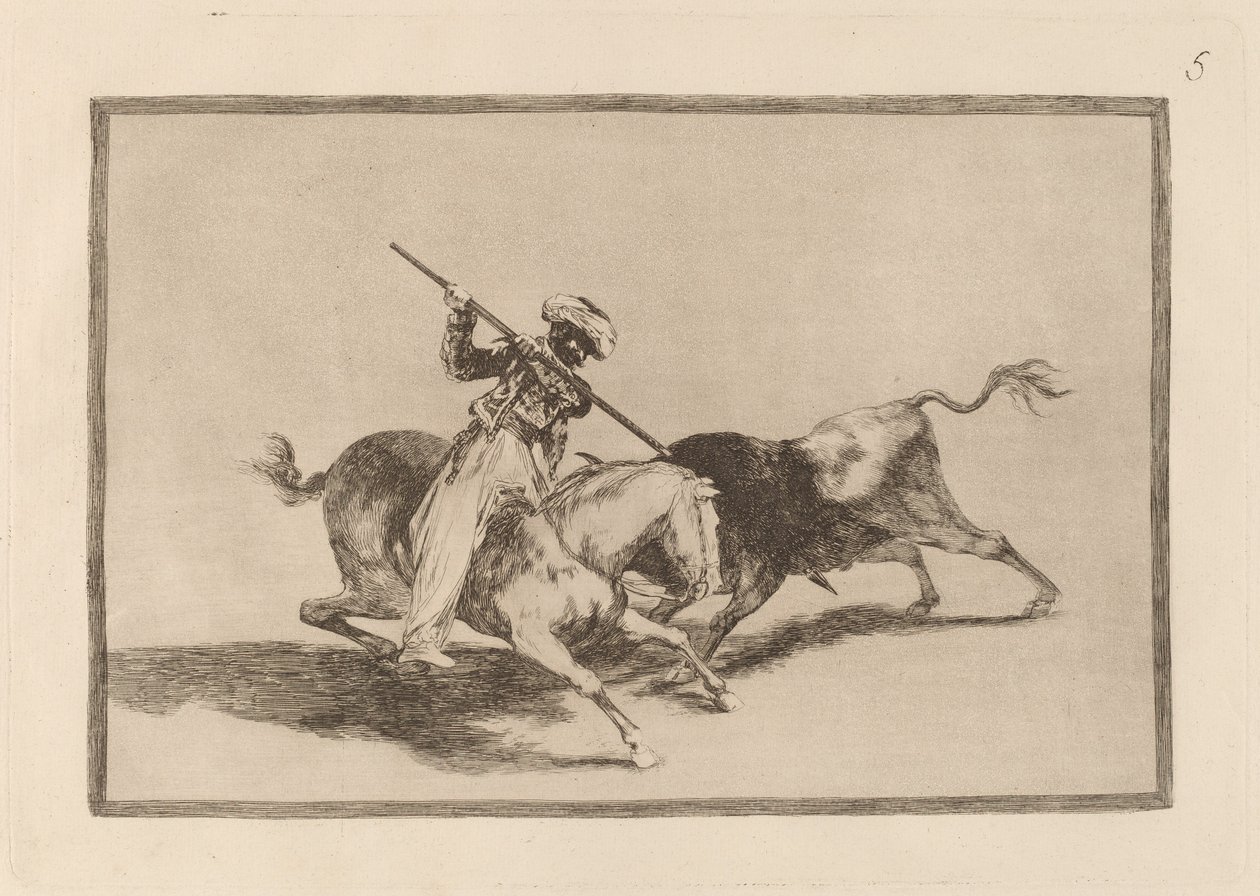 The Spirited Moor Gazul er den første som spyr okser i rekkefølge (The Spirited Moor Gazul er den første som spyd okser i henhold til regler) av Francisco de Goya