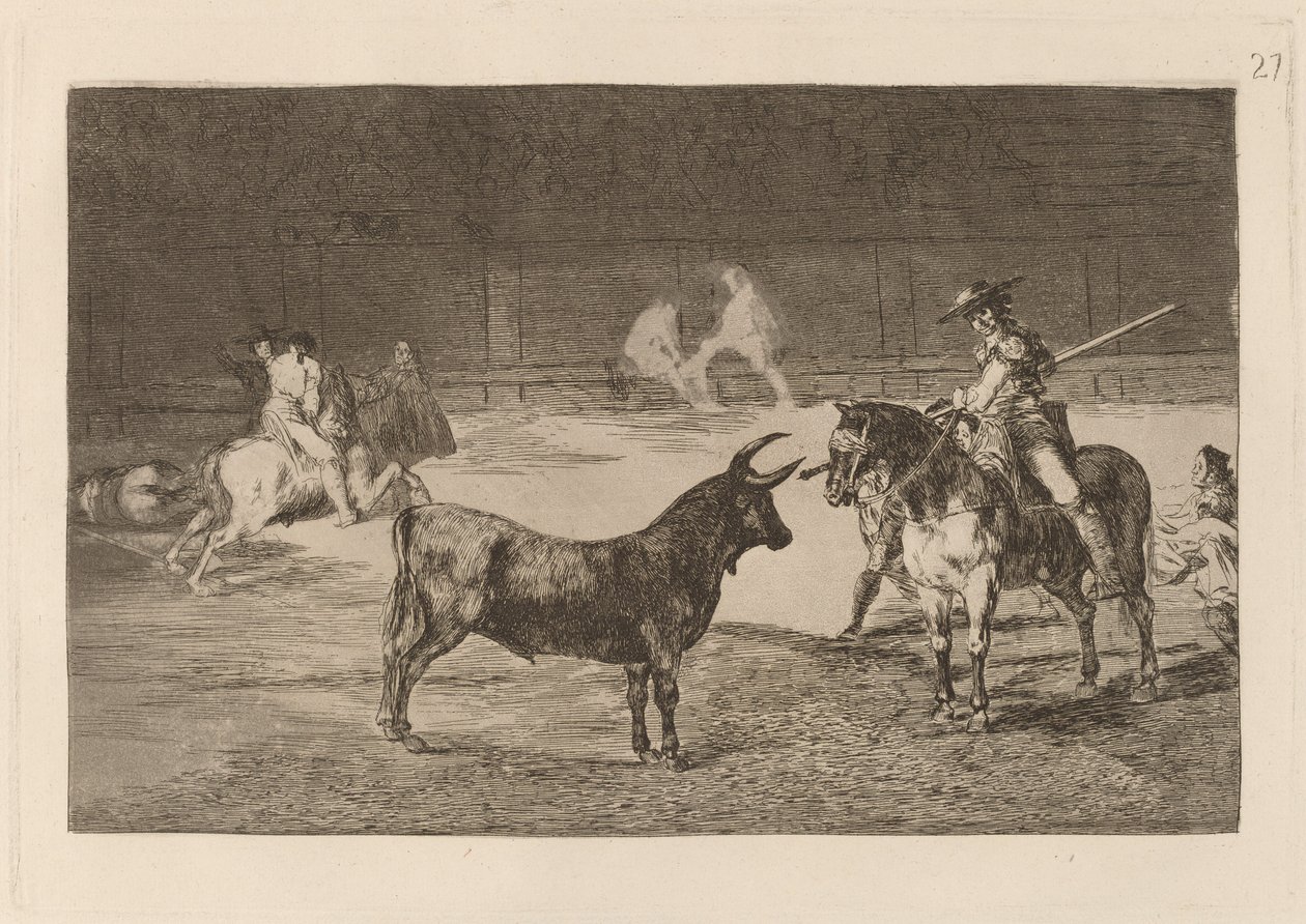 Den berømte Fernando del Toro, barilarguero, tvinger udyret med stangen sin (Den berømte Picador, Fernando del Toro, drar det heftige udyret på med sin piké) av Francisco de Goya