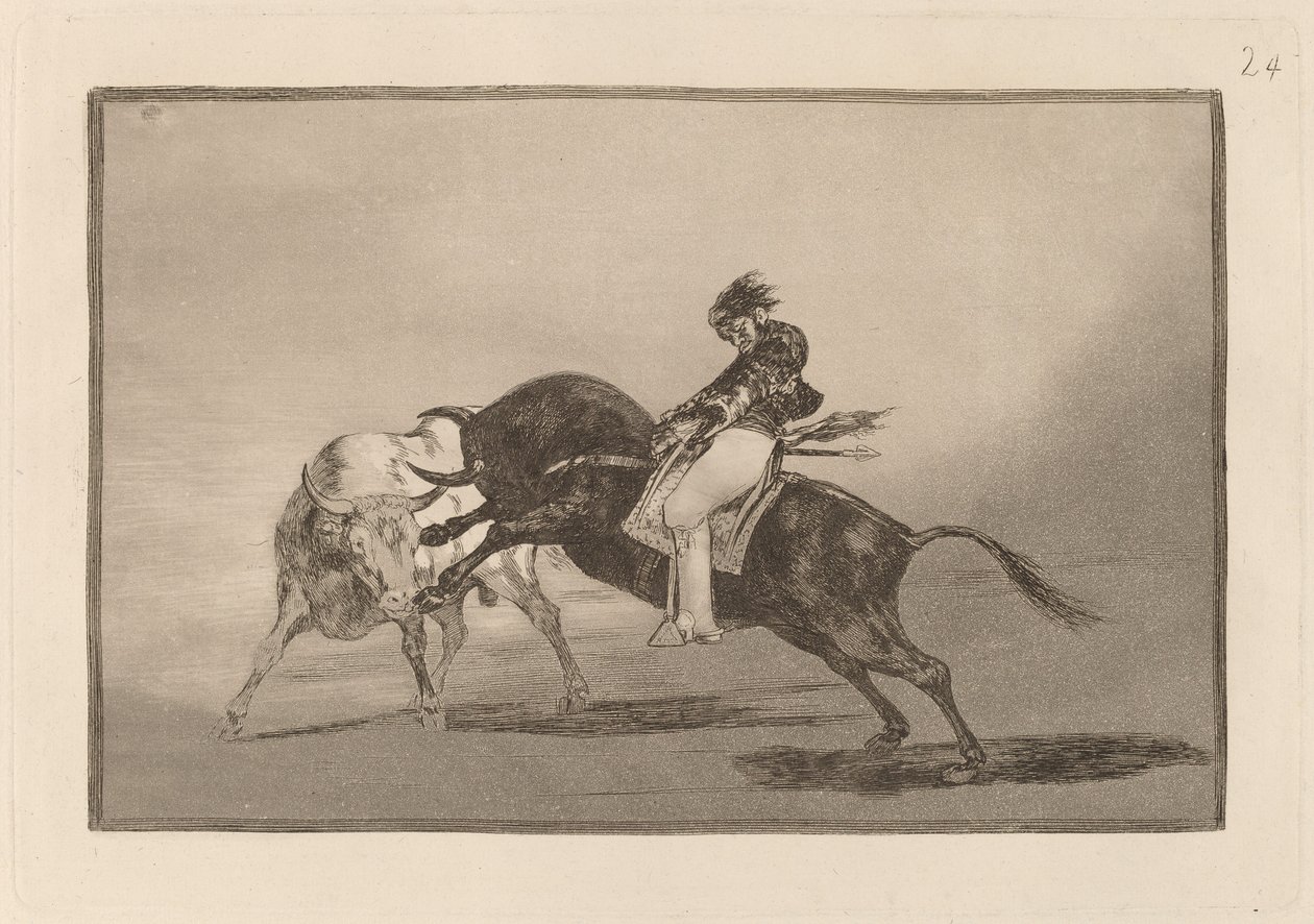 Den samme Ceballos montert på en annen okse bryter Rejones på Plaza de Madrid (De samme Ceballos montert på en annen okse bryter korte spyd i ringen i Madrid) av Francisco de Goya