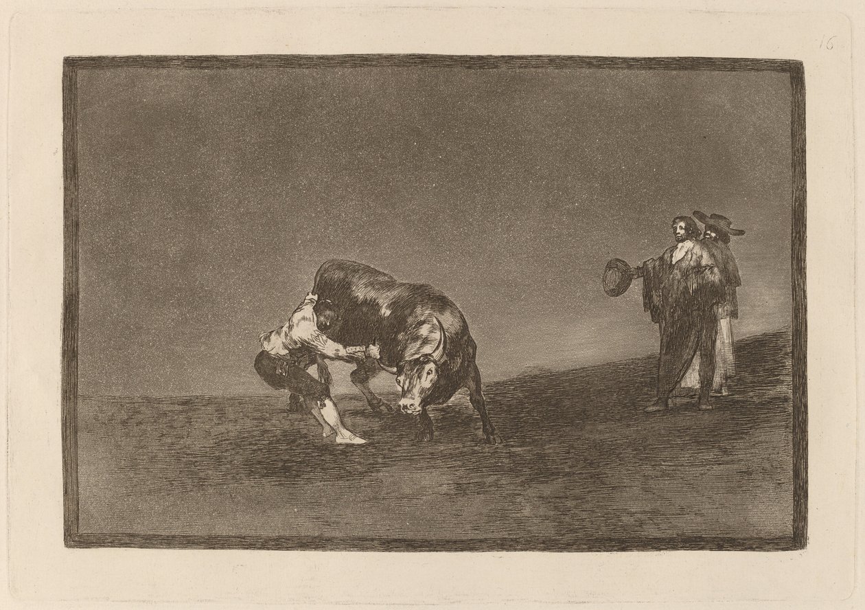Han velter selv en okse på Madrid-plassen (Den samme mannen kaster en okse i ringen ved Madrid) av Francisco de Goya