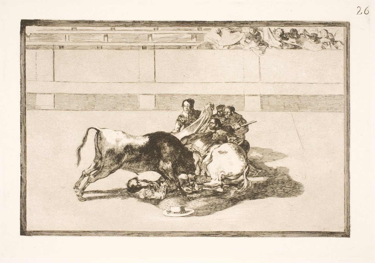 En picador blir kastet fra hesten og krasjer under oksen av Francisco de Goya