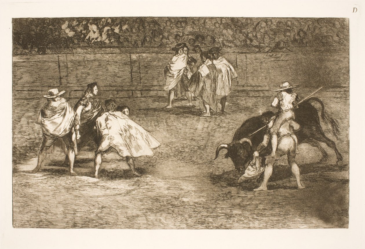 En tyrefekter, som sitter på skuldrene til en assistent, sperrer en okse av Francisco de Goya