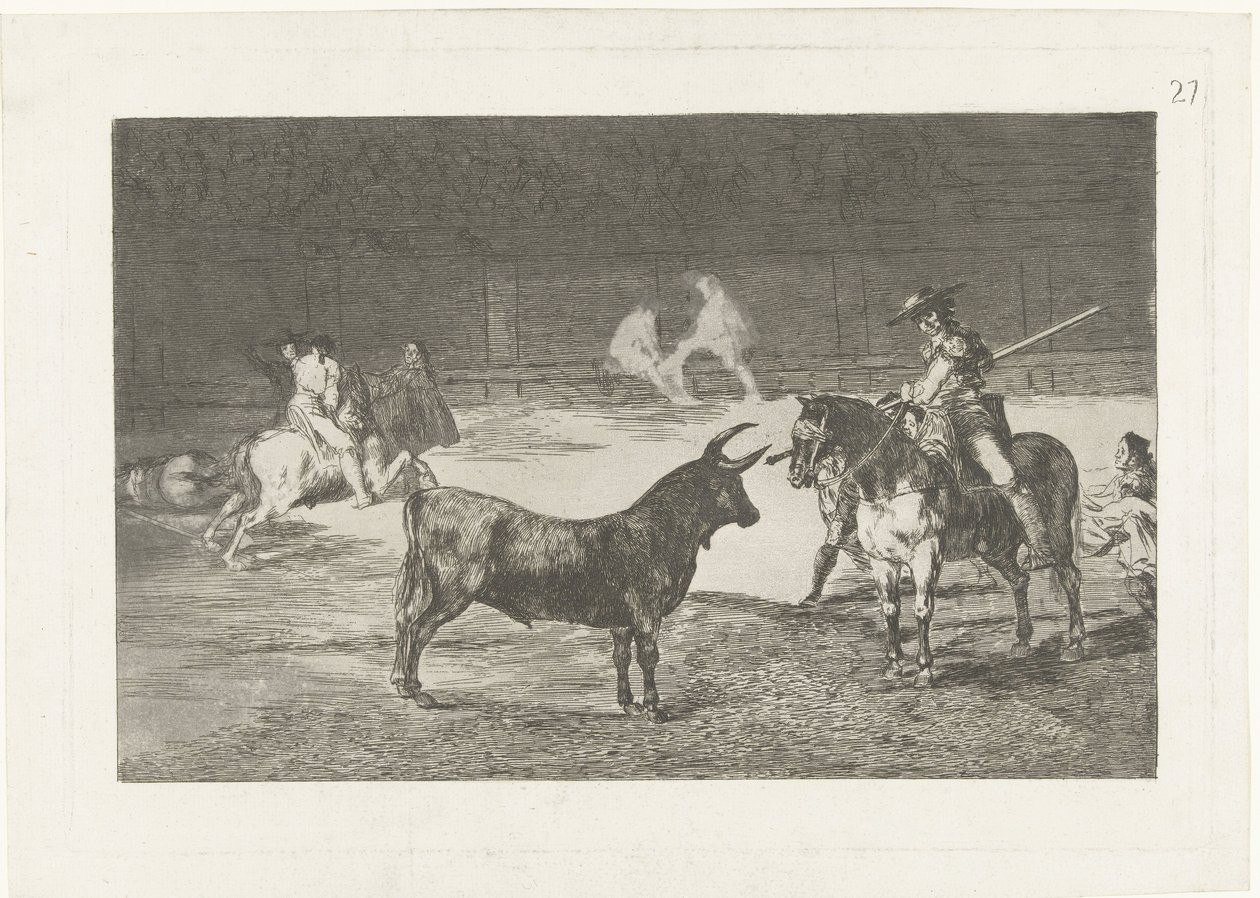 Fernando del Toro daagt en stier ut Den berømte Fernando del Toro, barilarguero, tvinger dyret med stangen sin Tyrefekting (serietittel) Stierenvechten (serietittel) av Francisco de Goya