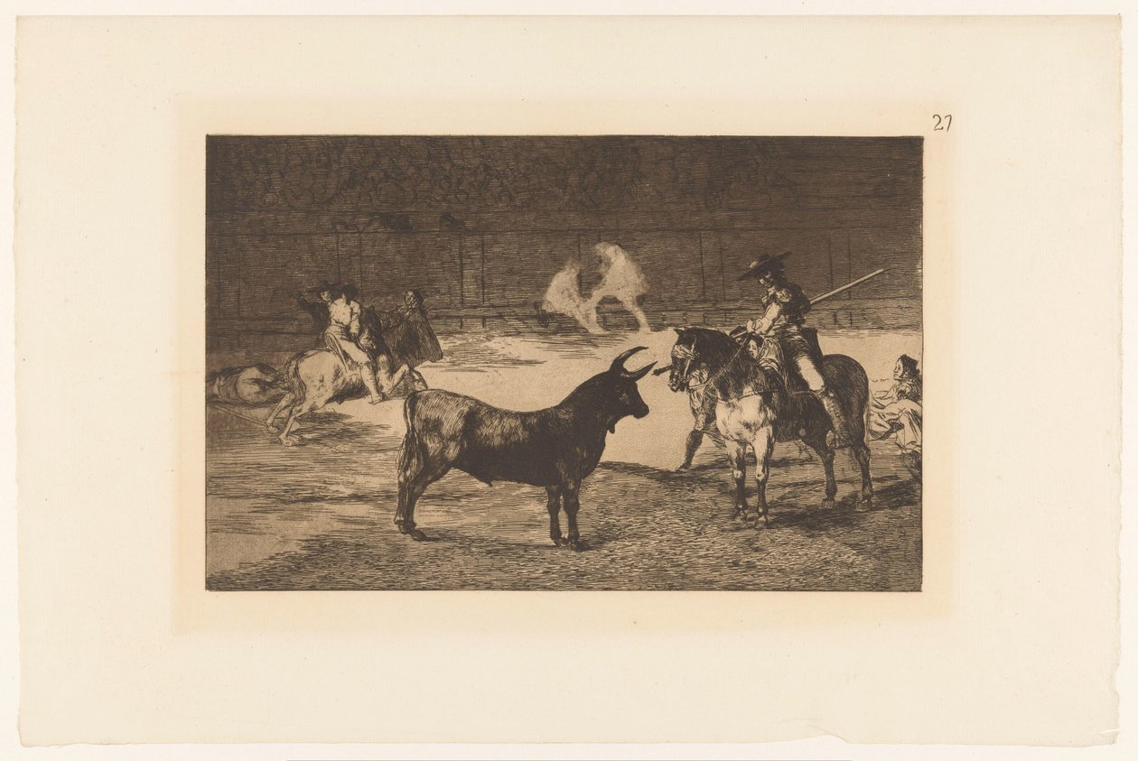 Fernando del Toro daagt en stier ut Den berømte Fernando del Toro, barilarguero, tvinger dyret med stangen sin Stierengevechten (serietittel) La Taureamachie (serietittel) Tyrefekting (serietittel) av Francisco de Goya