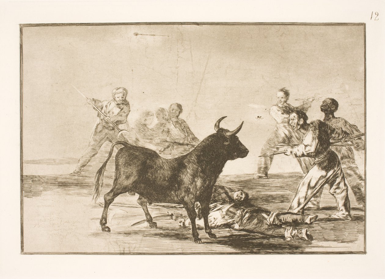 Folket stikker oksen med lanser, sigd, banderillaer og andre våpen av Francisco de Goya