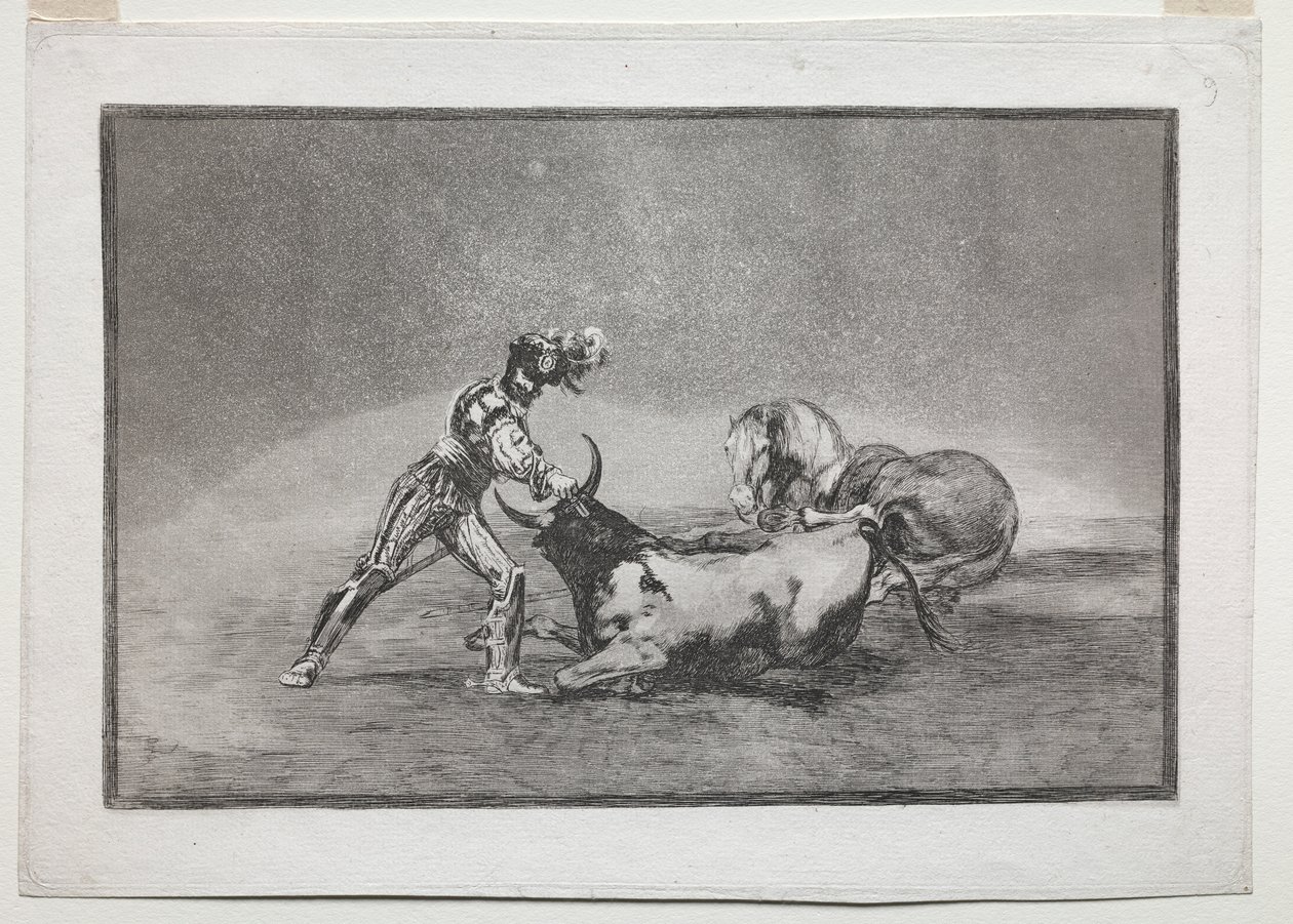 La Tauromaquia: En spansk ridder dreper oksen etter å ha mistet hesten sin av Francisco de Goya