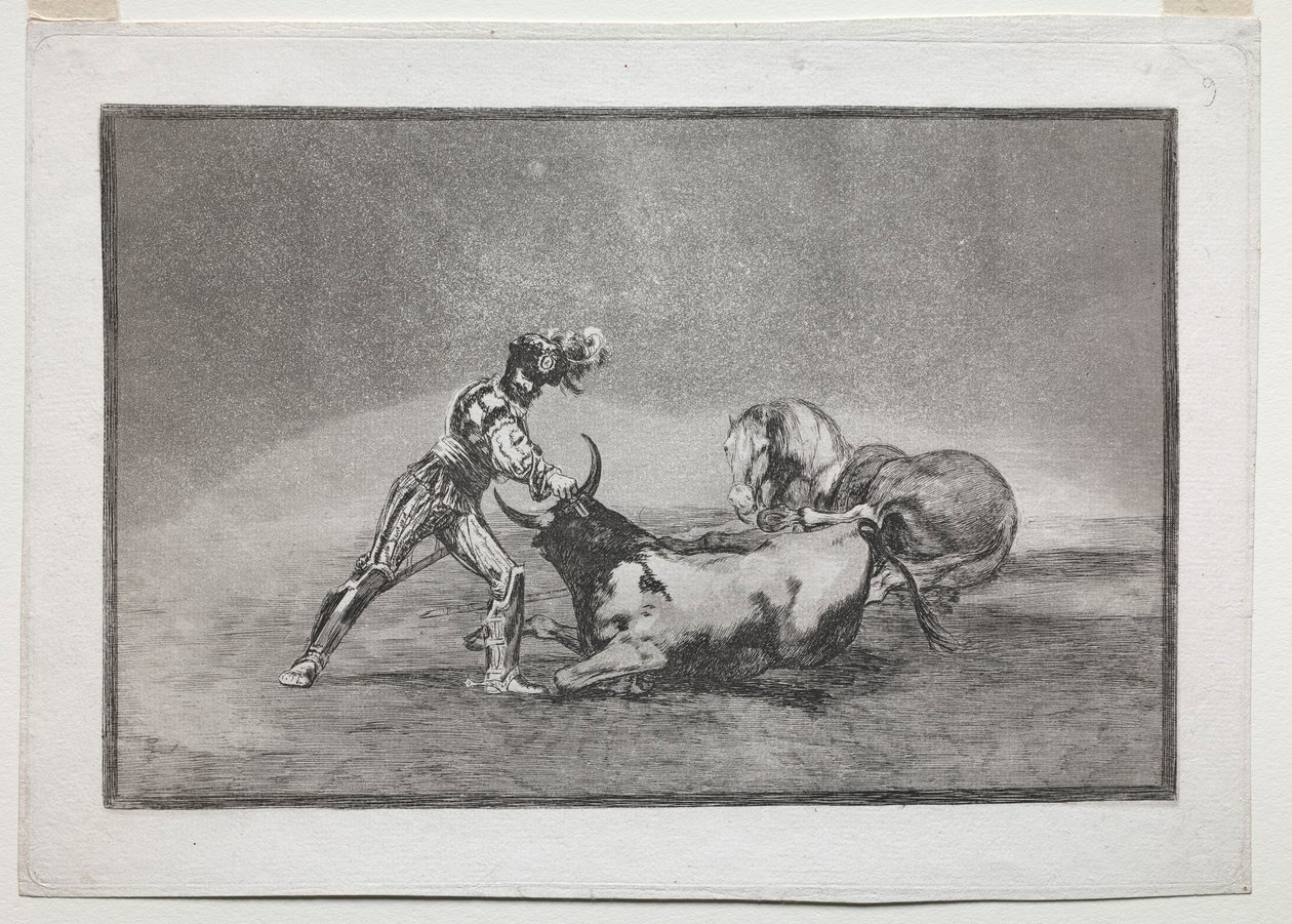 La Tauramaquia: En spansk ridder dreper oksen etter å ha mistet hesten sin, 1815-1816. av Francisco de Goya