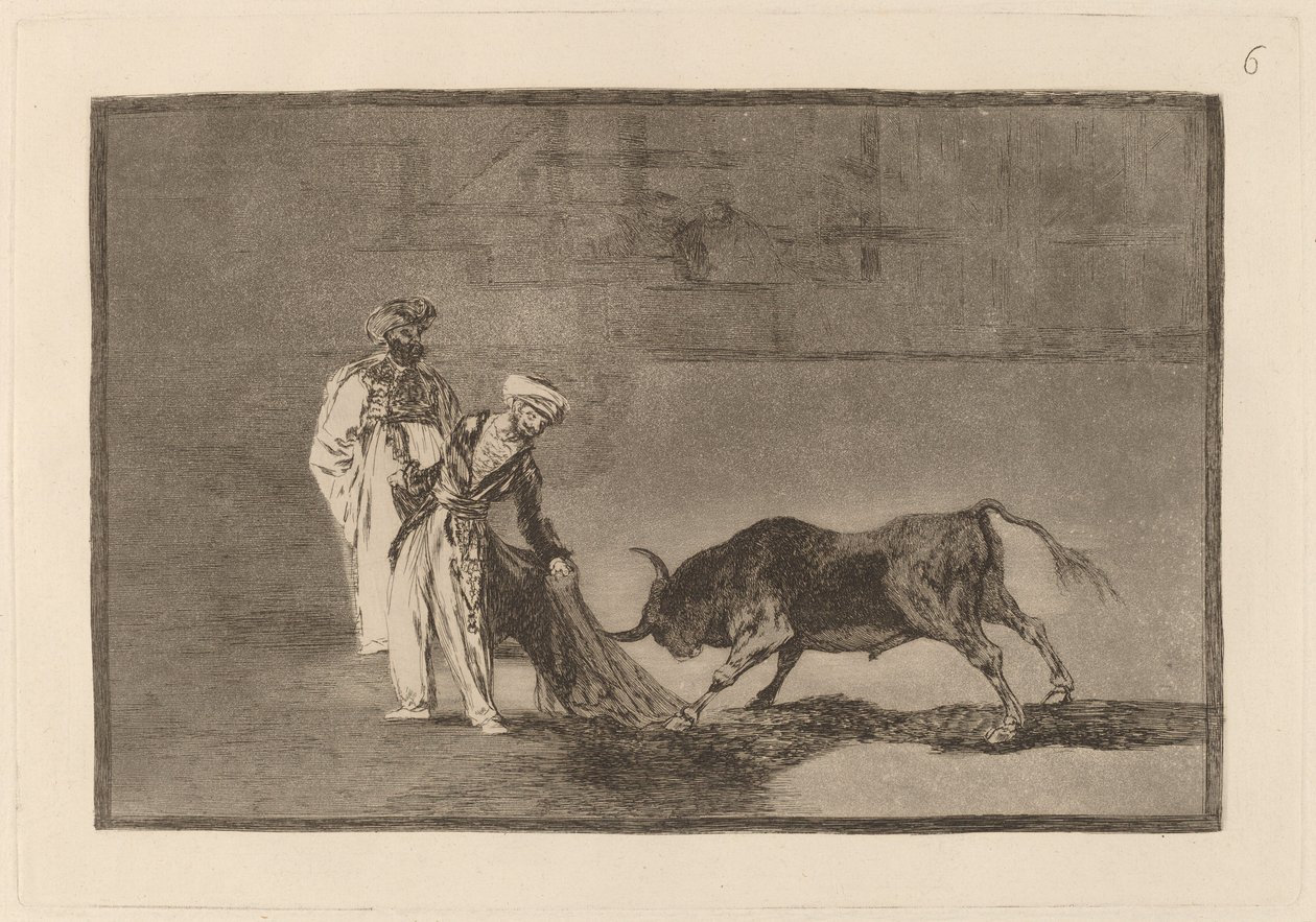Los Moros hacen otro capeo en plaza con su albornoz (Maurerne gjør en annerledes lek i ringen og ringer oksen med sine brennende) av Francisco de Goya