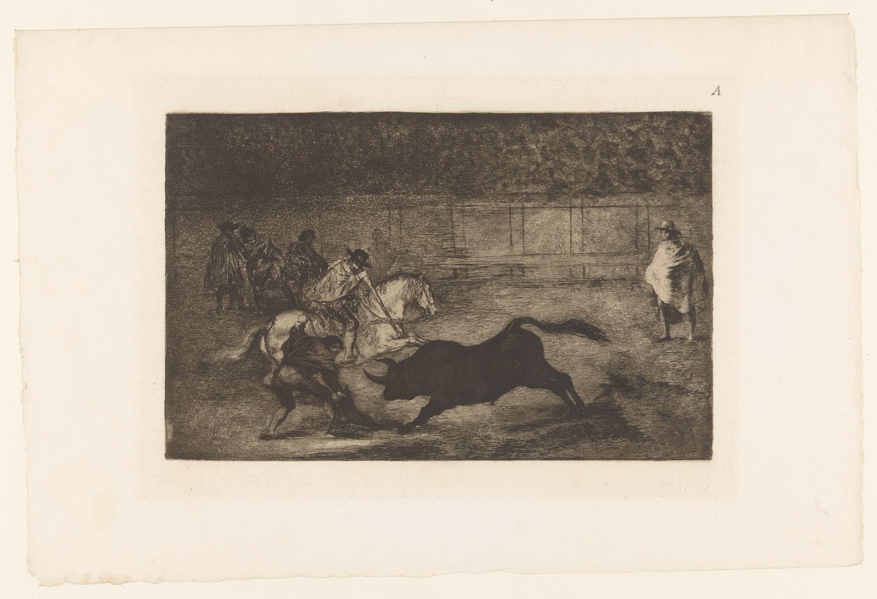 Mann på hesteryggen stikker lansen inn i en okse Un cavalier espagnol brisant des 'rejoncillos' avec l'aide des chulos Tyrekamp (serietittel) La Taureaumachie (serietittel) La Tauromaquia (serietittel) av Francisco de Goya